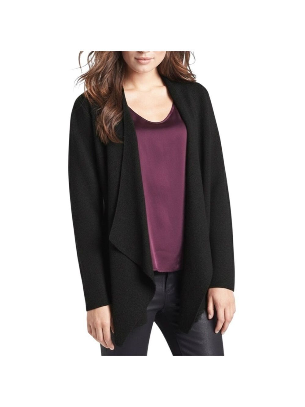 Eileen Fisher Merino Wool Front Angle Cardigan Sweater Black Size Large Petite